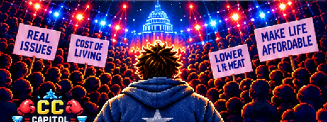 Joe Public facing the full arena, signs held high across the crowd.
