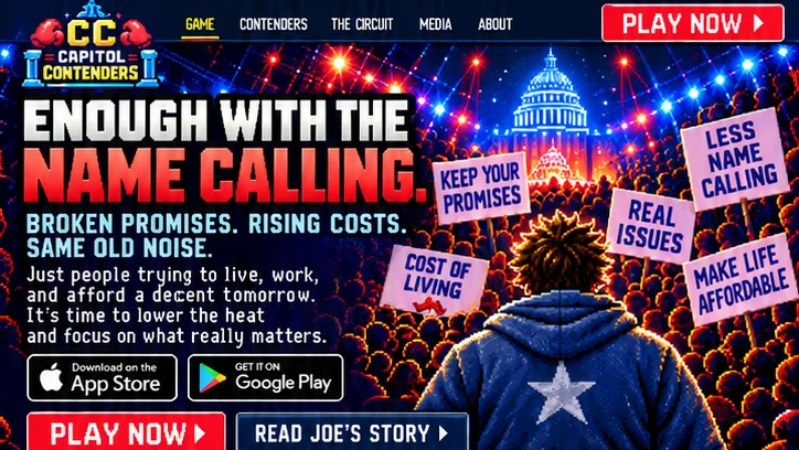 Capitol Contenders hero: Joe Public faces a roaring arena while signs call for less name calling, kept promises, real issues and affordable living.
