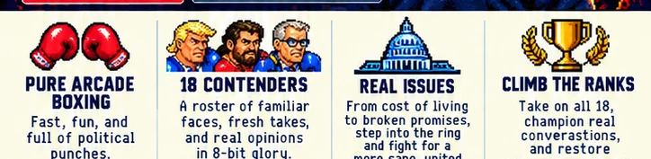 Feature overview: pure arcade boxing, 18 contenders, real issues and climbing the ranks.